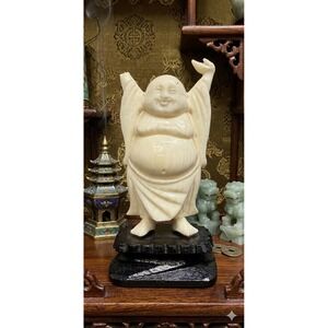 Antique Hotei Budai Laughing Buddha Figurine Carved Statue on Wooden Base 18th C